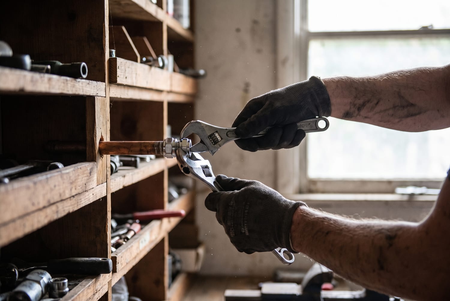 An engineer adjusting a valve on copper pipework