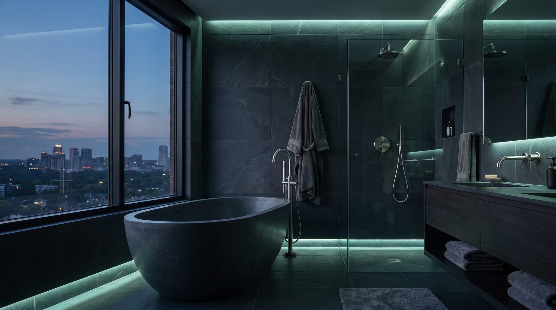 A dark luxury bathroom with freestanding bath